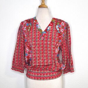 Thayee Lola Womens Vintage Floral Blouse Size S Red Pink Peasant‎ Boho Chic 80s